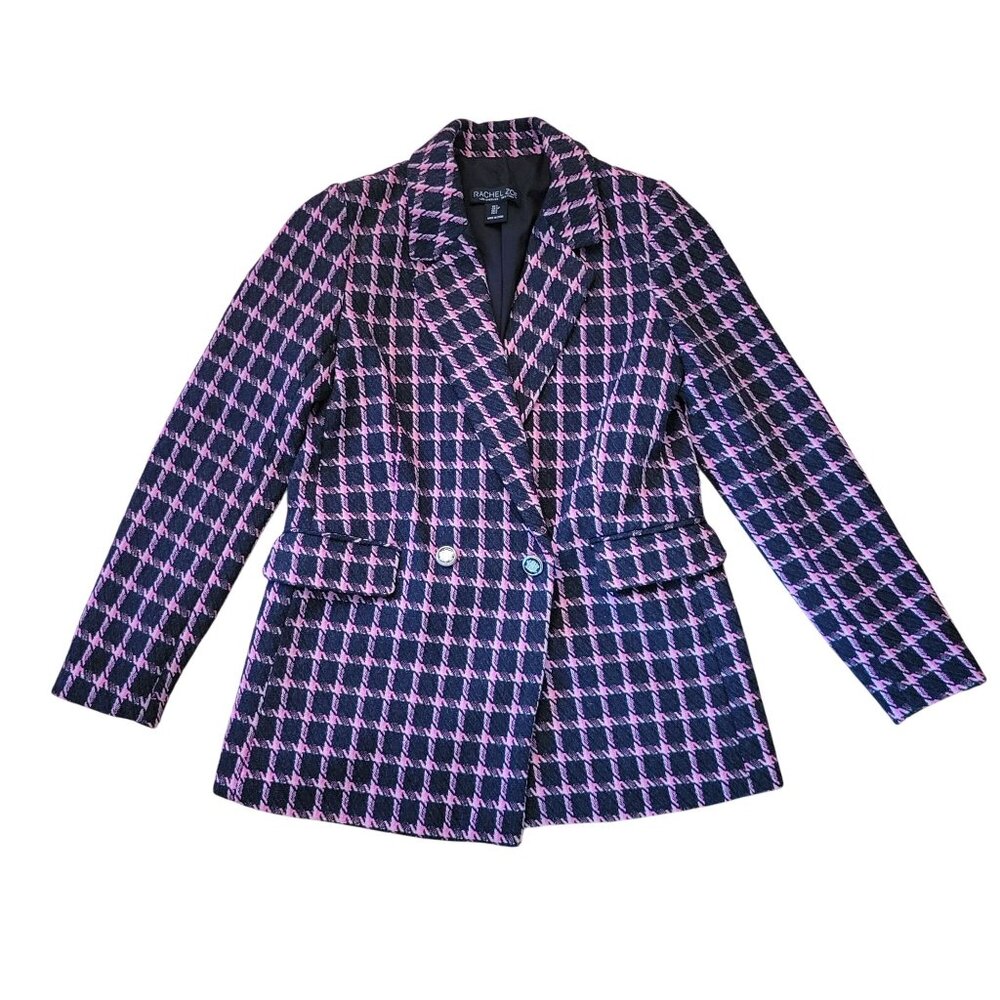 Rachel Zoe Black Pink Houndstooth Plaid Blazer Jacket S Preppy Twee Academia